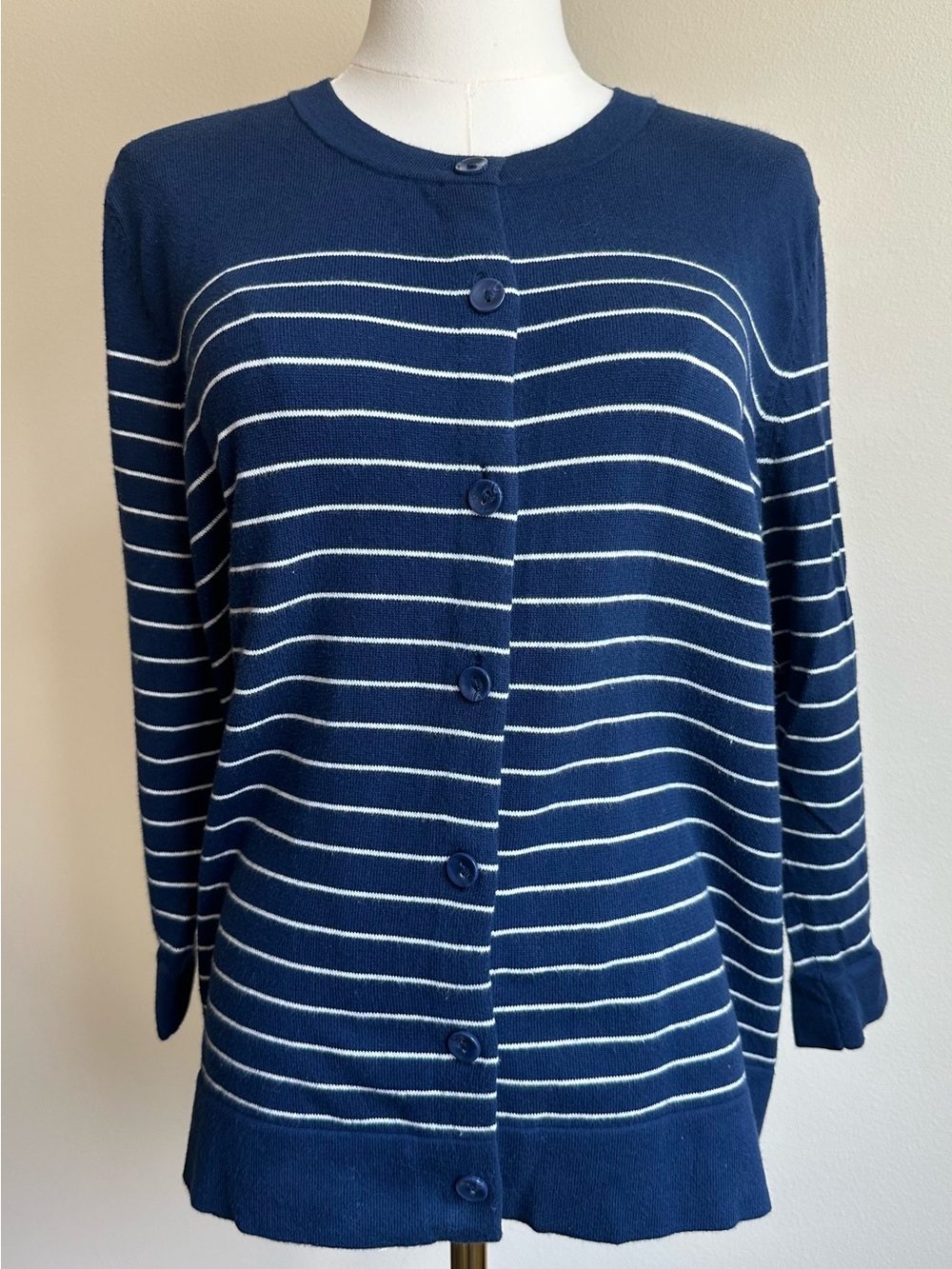 Eddie Bauer Navy Blue and White Striped Button-Up Long Sleeve Cardigan | SIZE XL